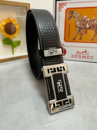 1:1  Hermes Black Leather Belt  with Silver"H" buckle Buckle with Hollow out Design3.8cm